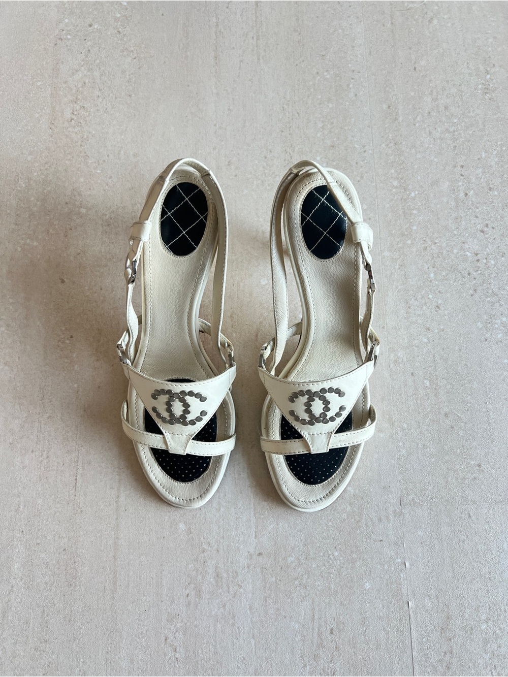 Vintage Chanel White Slingback Studded Sandals with Box